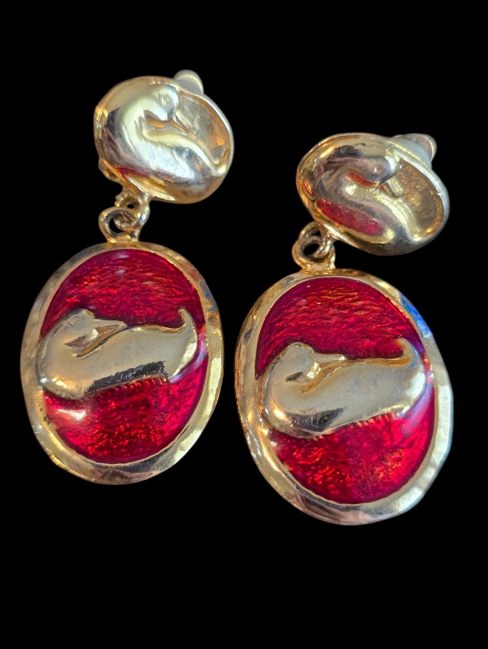 Vintage | Red & Gold Tone Duck Clip Ons